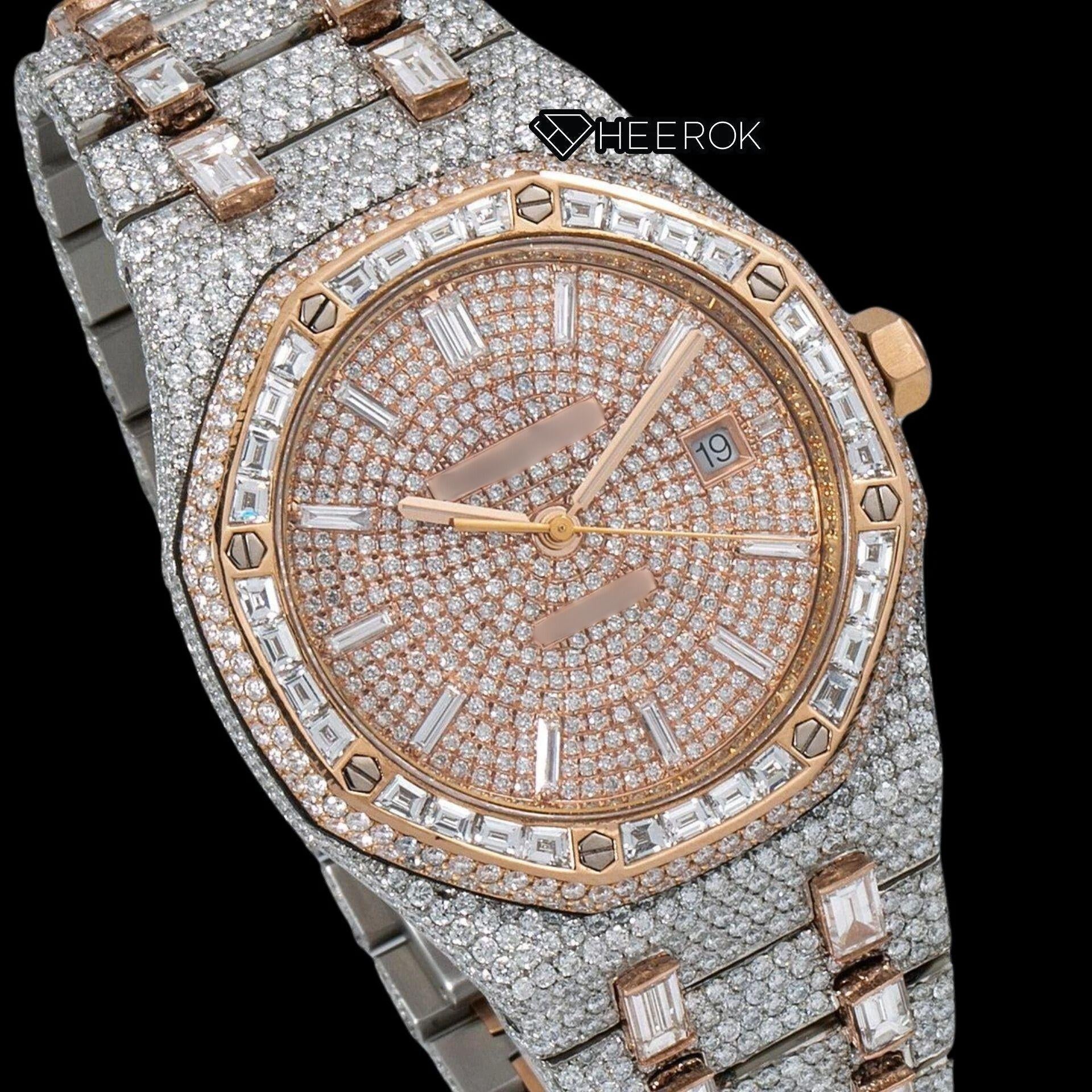 AP Royal Oak Pave Diamond Dial Baguette Diamond Markers Rose Gold Baguette Diamond Bezel Two Tone Fully Iced Out Moissanite Watch