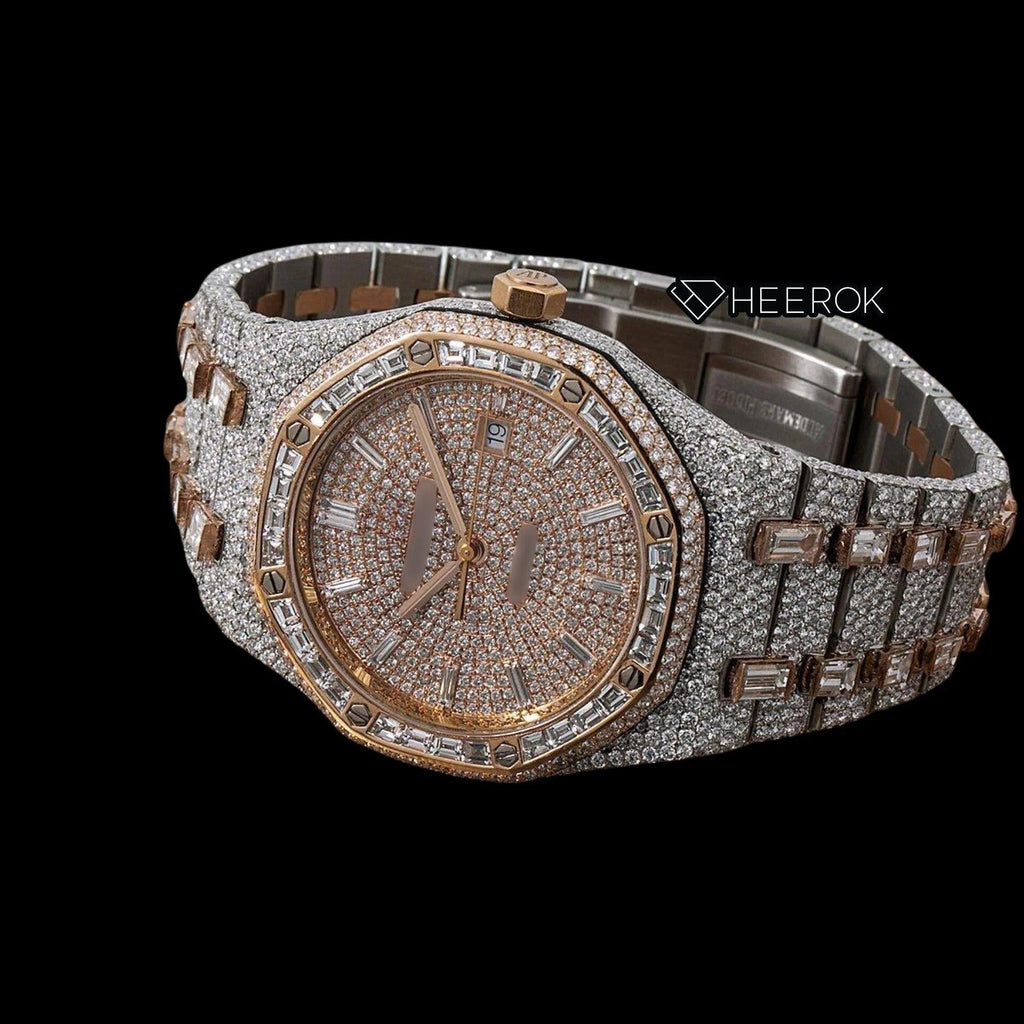 AP Royal Oak Pave Diamond Dial Baguette Diamond Markers Rose Gold Baguette Diamond Bezel Two Tone Fully Iced Out Moissanite Watch