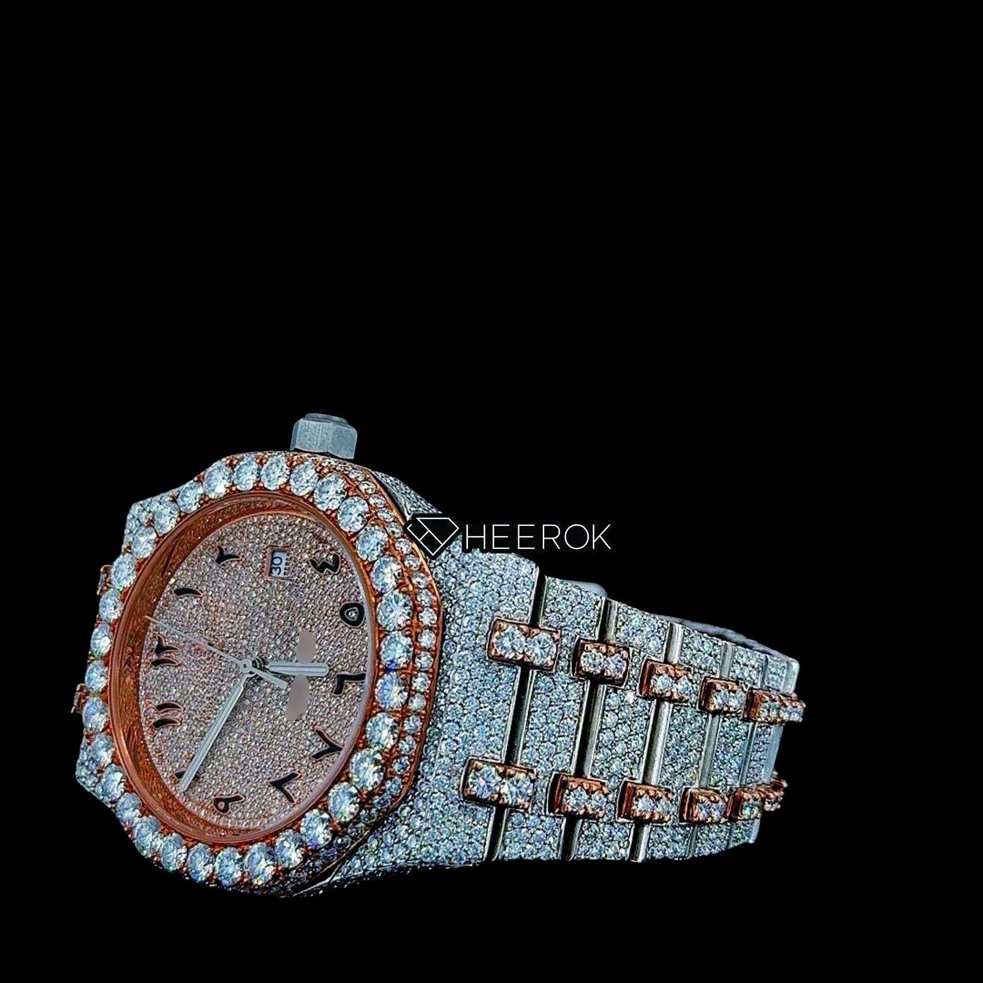 AP Royal Oak Rose Gold Dial Arabic Numerals Diamond Bezel Two Tone Rose Gold Moissanite Diamond Bracelet For Women