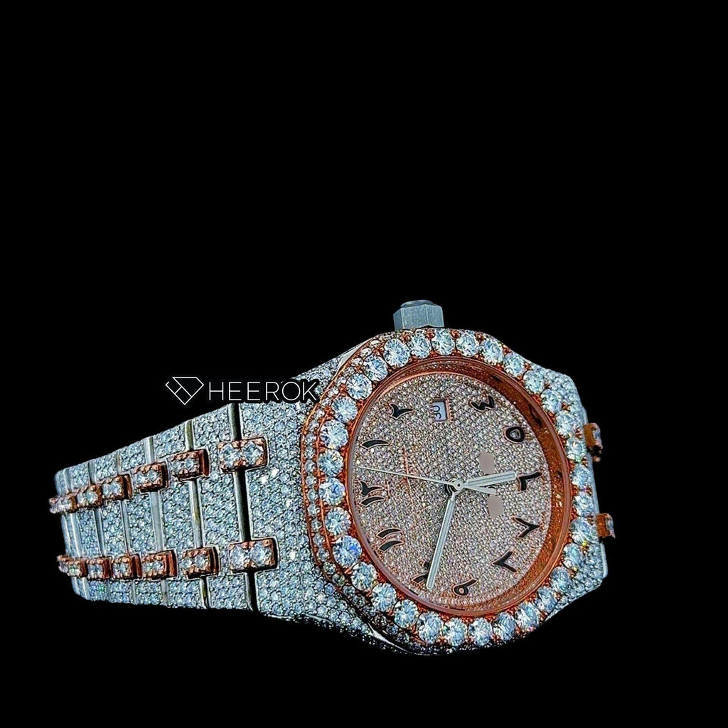 AP Royal Oak Rose Gold Dial Arabic Numerals Diamond Bezel Two Tone Rose Gold Moissanite Diamond Bracelet For Women