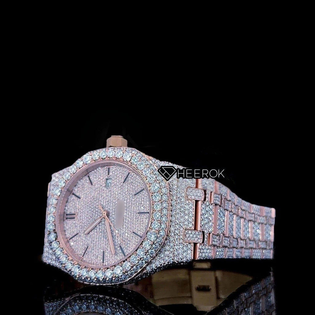 AP Royal Oak Rose Gold Dial Black Stick Markers Diamond Bezel Rose Gold Moissanite Diamond Bracelet