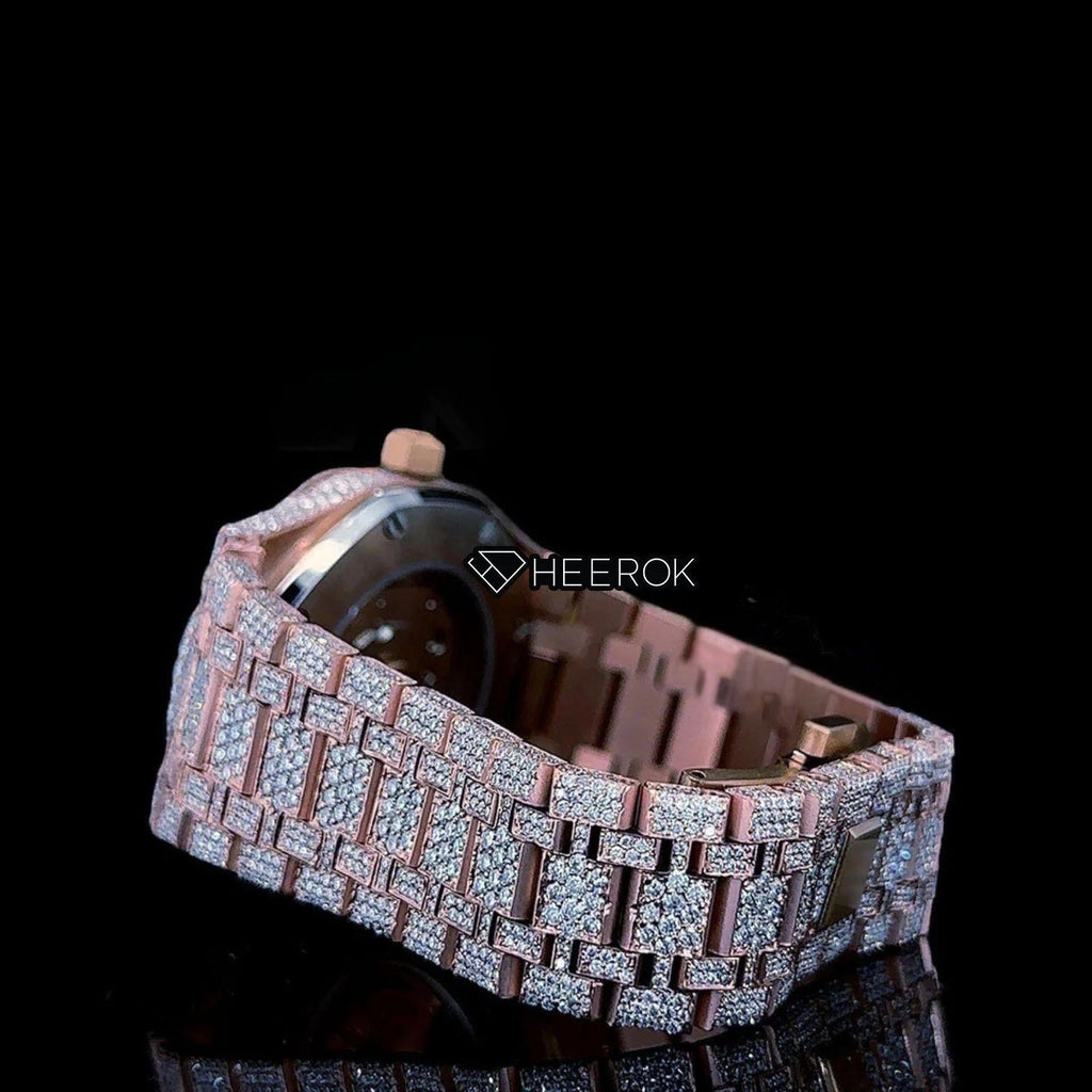 AP Royal Oak Rose Gold Dial Black Stick Markers Diamond Bezel Rose Gold Moissanite Diamond Bracelet