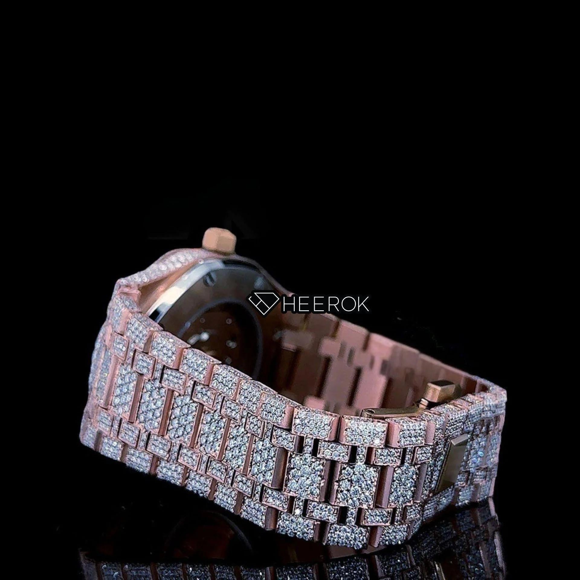 AP Royal Oak Rose Gold Dial Black Stick Markers Diamond Bezel Rose Gold Moissanite Diamond Bracelet