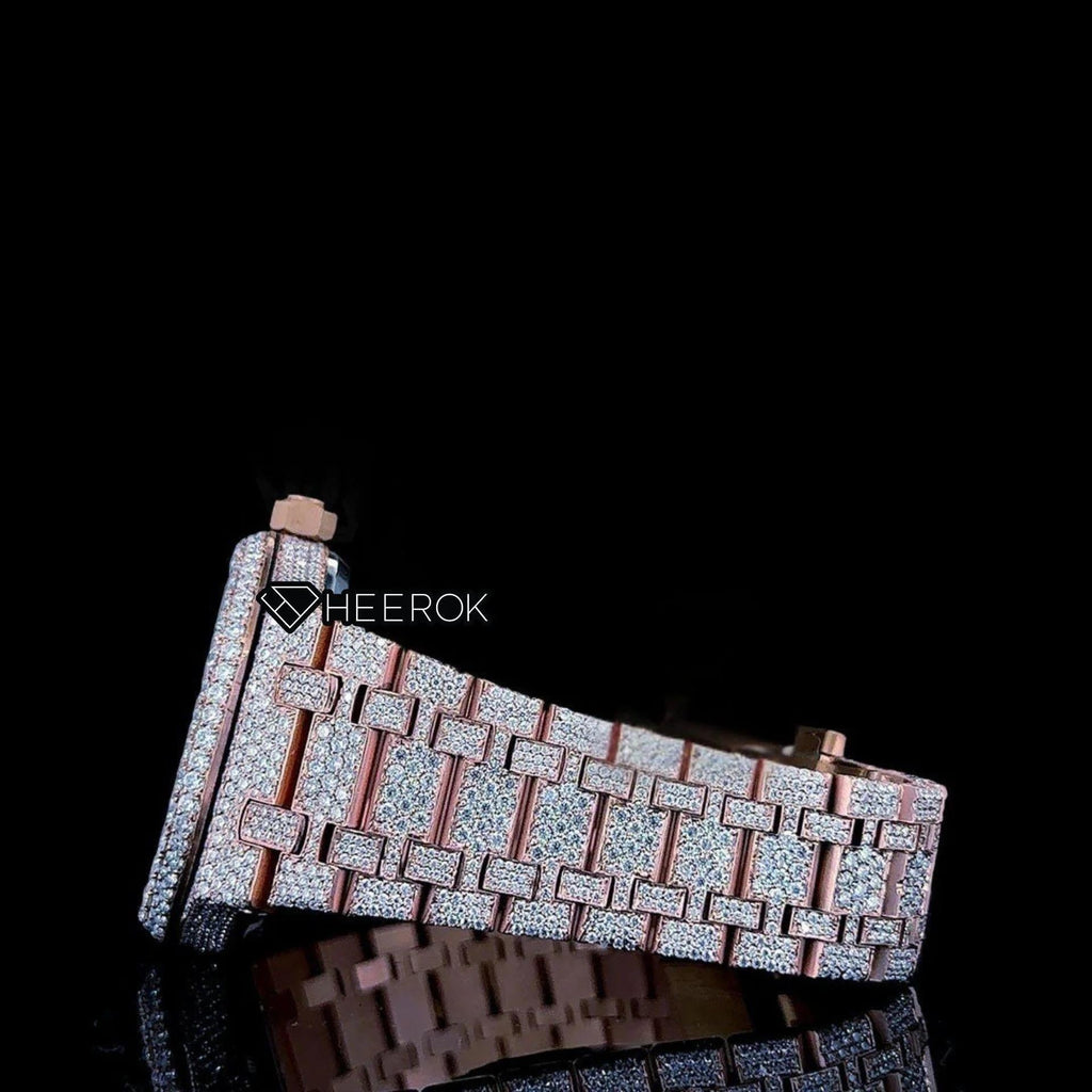 AP Royal Oak Rose Gold Dial Black Stick Markers Diamond Bezel Rose Gold Moissanite Diamond Bracelet