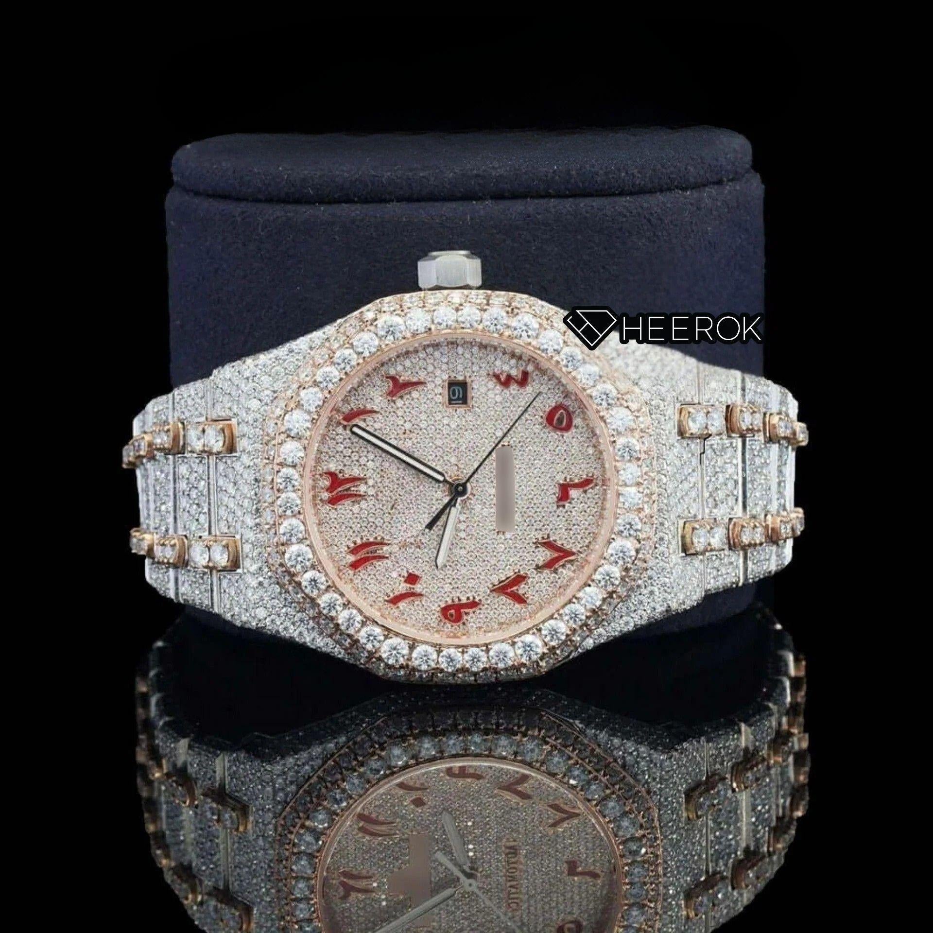AP Royal Oak Rose Gold Dial Red Arabic Numerals Diamond Bezel Two Tone Rose Gold Moissanite Diamond Bracelet