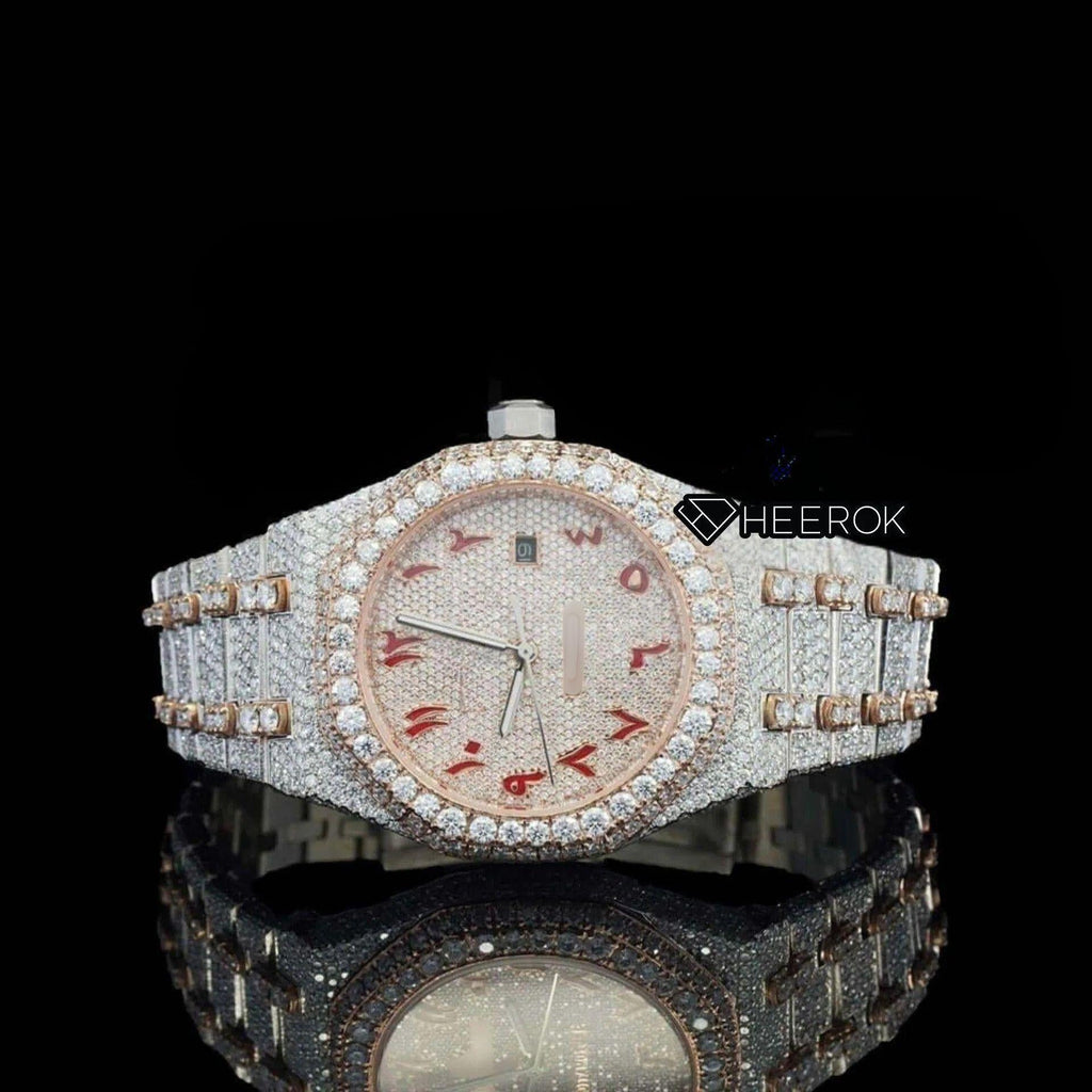 AP Royal Oak Rose Gold Dial Red Arabic Numerals Diamond Bezel Two Tone Rose Gold Moissanite Diamond Bracelet