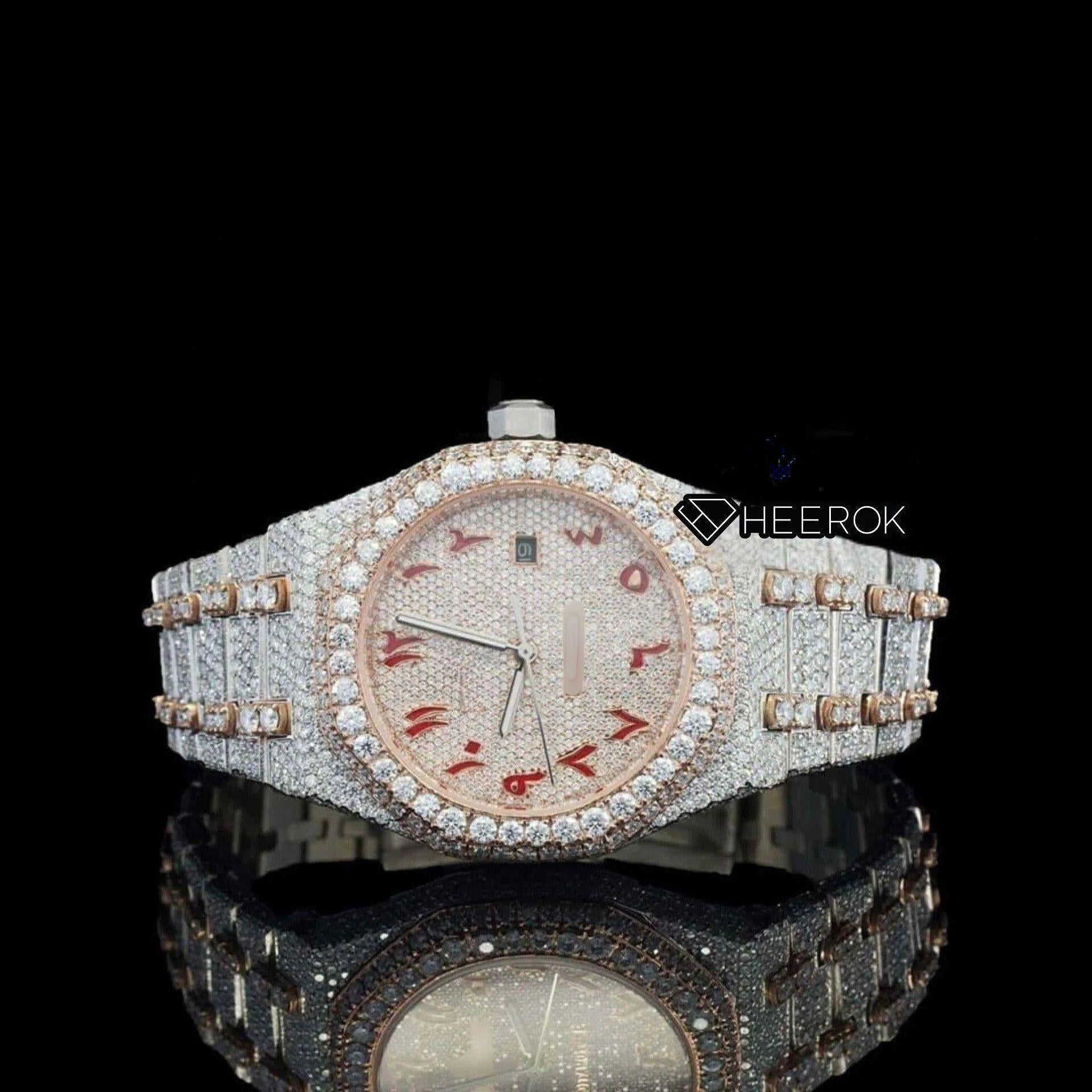 AP Royal Oak Rose Gold Dial Red Arabic Numerals Diamond Bezel Two Tone Rose Gold Moissanite Diamond Bracelet