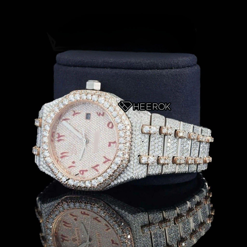 AP Royal Oak Rose Gold Dial Red Arabic Numerals Diamond Bezel Two Tone Rose Gold Moissanite Diamond Bracelet
