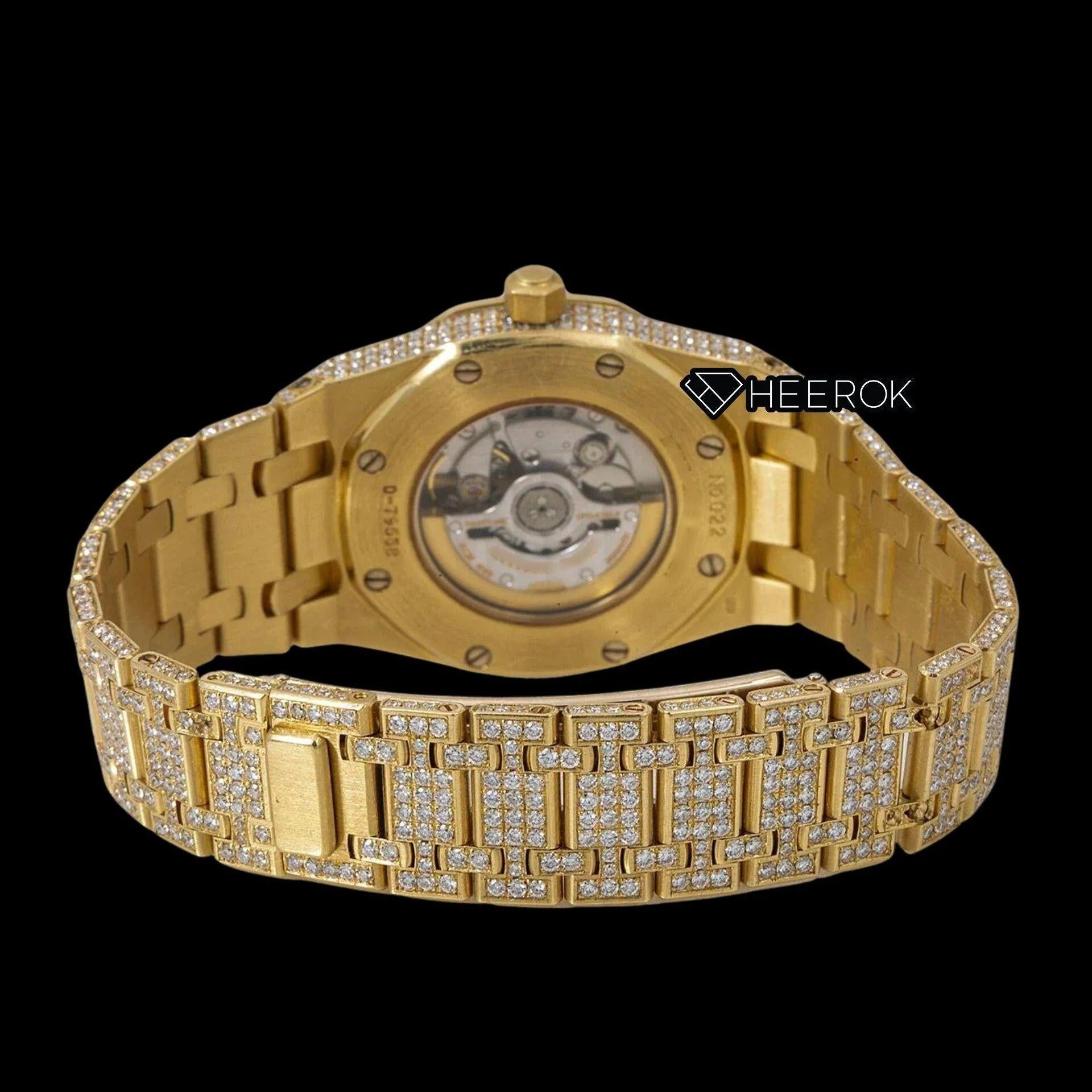 AP Royal Oak White Dial Baguette Diamond Markers Diamond Bezel Fully Iced Yellow Gold Moissanite Watch For Women