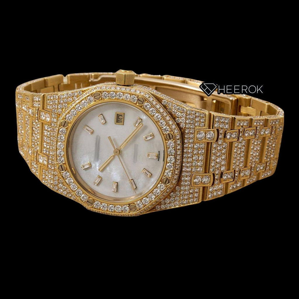 AP Royal Oak White Dial Baguette Diamond Markers Diamond Bezel Fully Iced Yellow Gold Moissanite Watch For Women