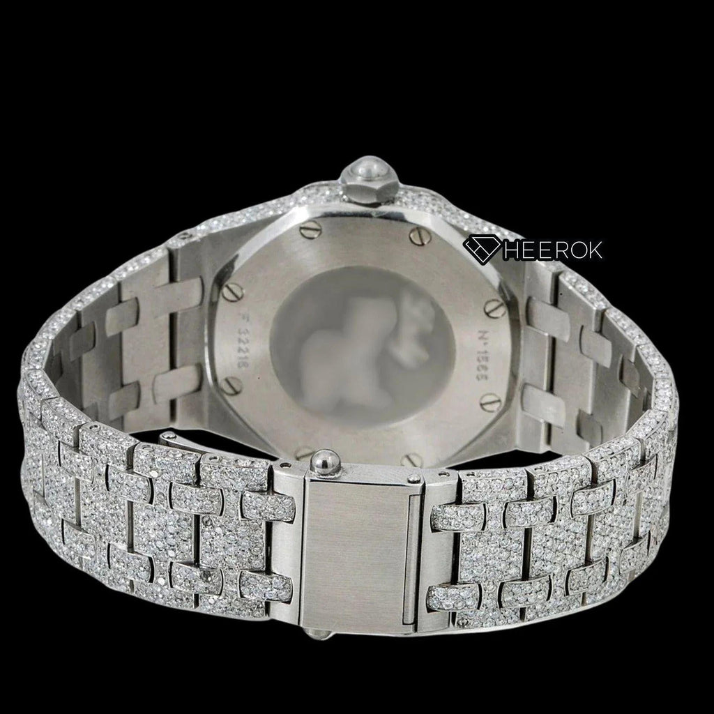 AP Royal Oak White Dial Oval Markers Diamond Bezel Fully Iced Moissanite Diamond Watch For Women