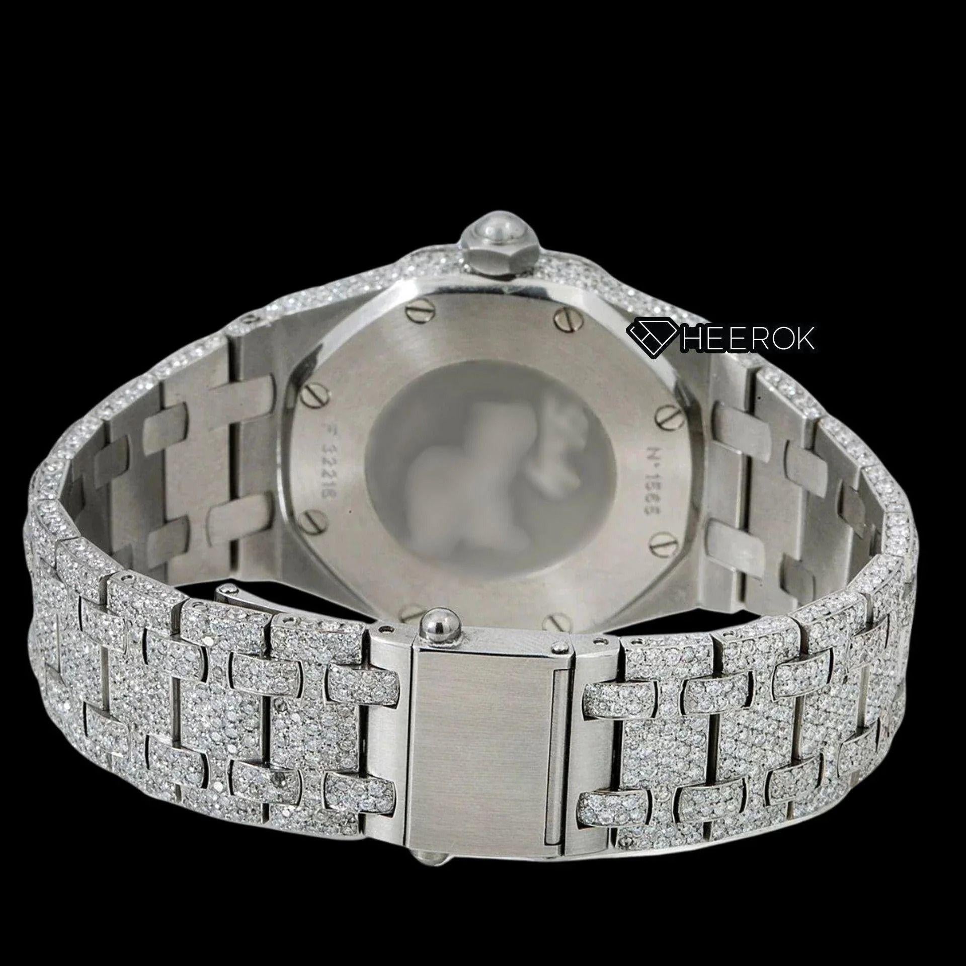 AP Royal Oak White Dial Oval Markers Diamond Bezel Fully Iced Moissanite Diamond Watch For Women