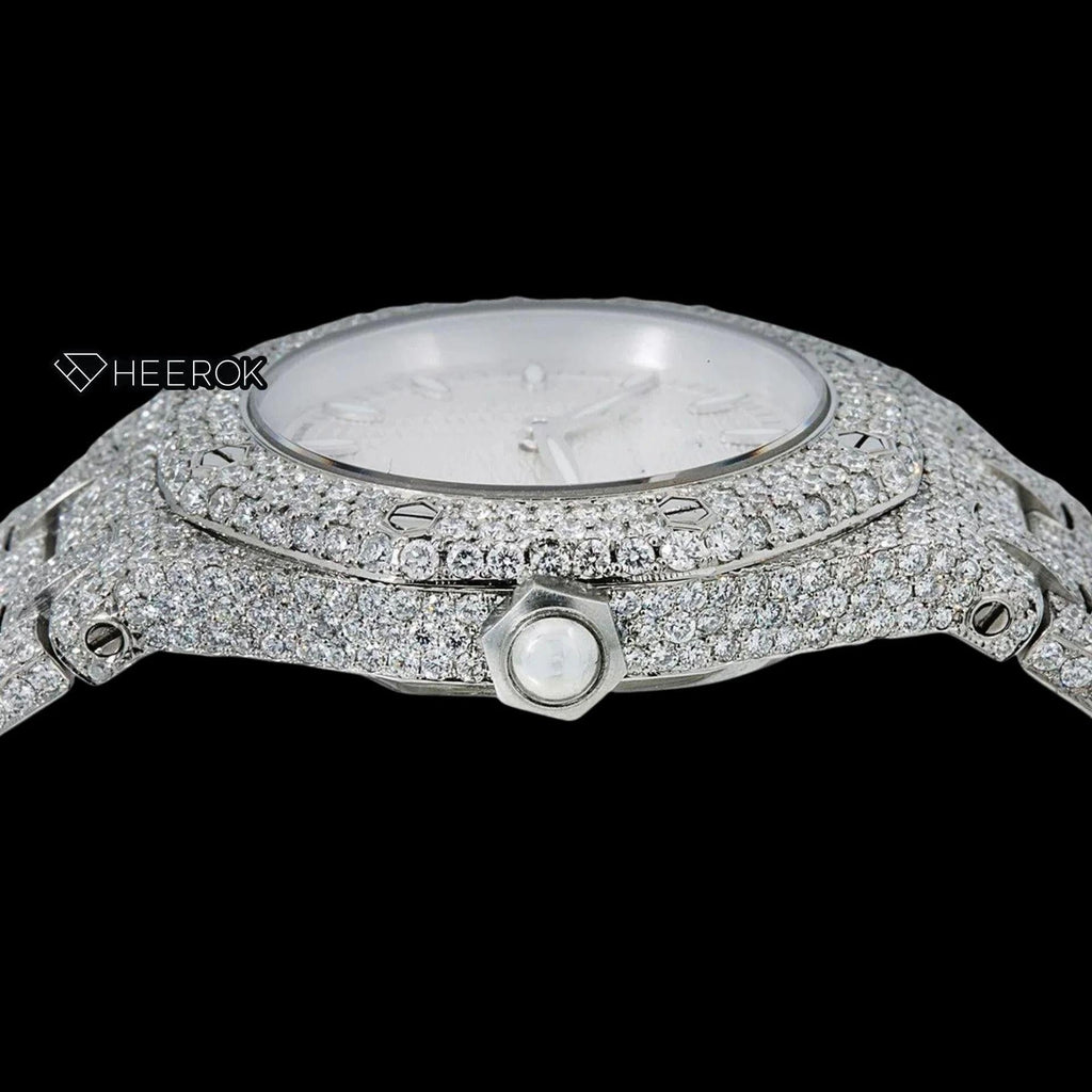 AP Royal Oak White Dial Oval Markers Diamond Bezel Fully Iced Moissanite Diamond Watch For Women