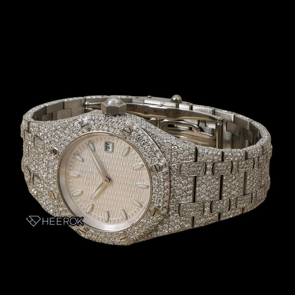 AP Royal Oak White Dial Oval Markers Diamond Bezel Fully Iced Moissanite Diamond Watch For Women