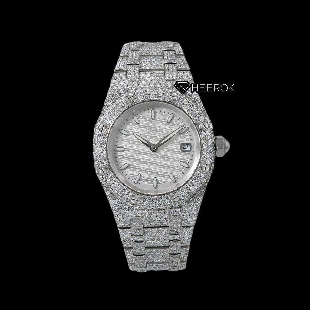 AP Royal Oak White Dial Oval Markers Diamond Bezel Fully Iced Moissanite Diamond Watch For Women