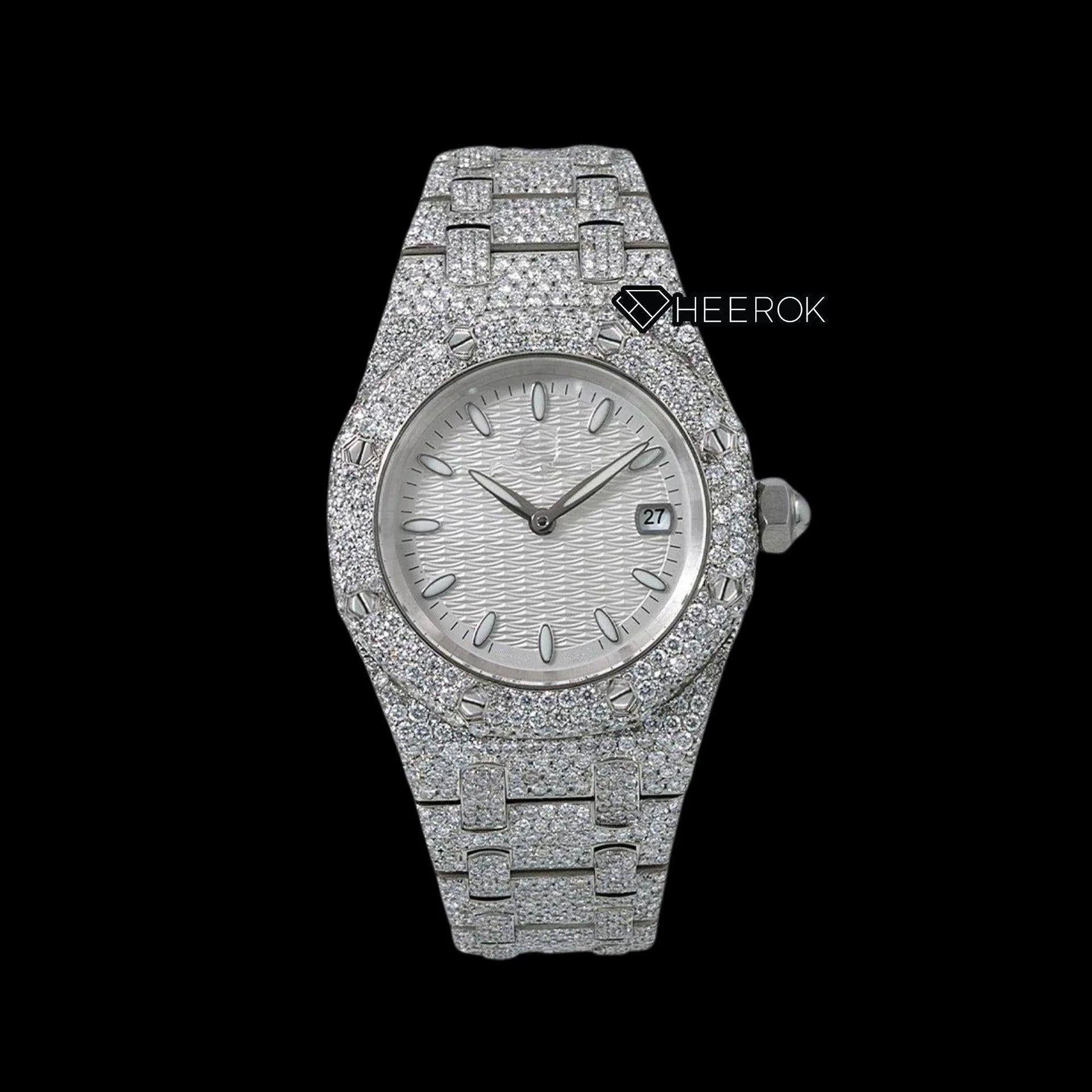 AP Royal Oak White Dial Oval Markers Diamond Bezel Fully Iced Moissanite Diamond Watch For Women