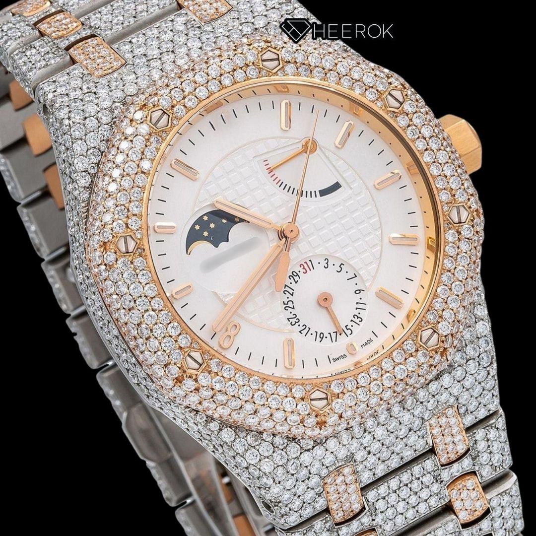AP Royal Oak White Moonphase Dial Stick Markers Diamond Bezel Rose Gold Two Tone Fully Iced Out Moissanite Diamond Watch
