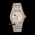 AP Royal Oak White Moonphase Dial Stick Markers Diamond Bezel Rose Gold Two Tone Fully Iced Out Moissanite Diamond Watch