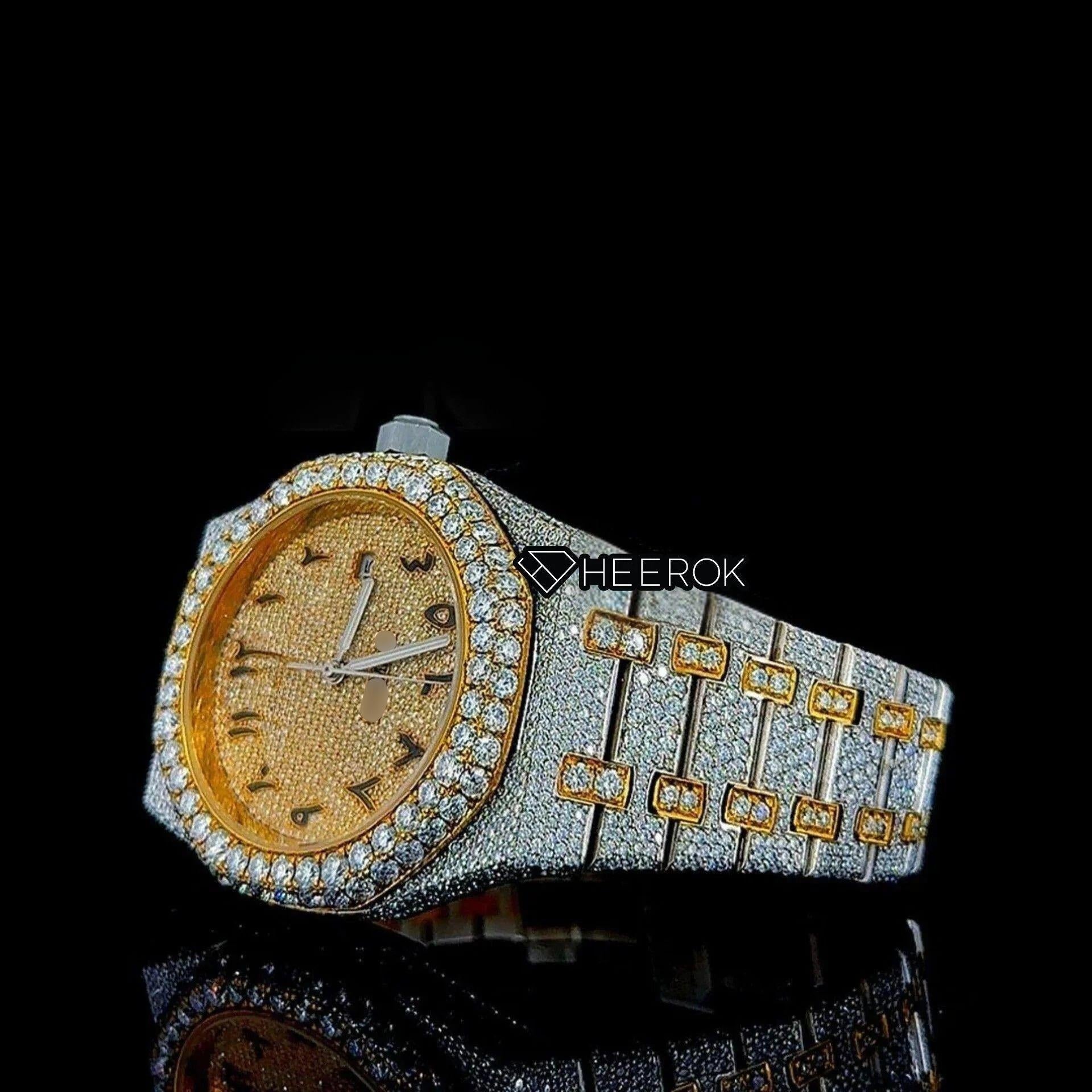 AP Royal Oak Yellow Dial Black Arabic Numerals Diamond Bezel Two Tone Yellow Gold Moissanite Diamond For Women