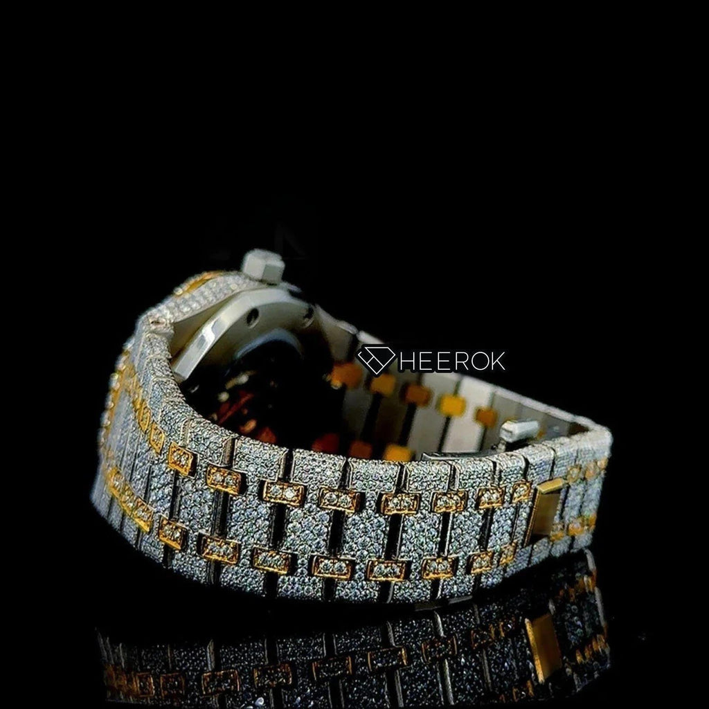 AP Royal Oak Yellow Dial Black Arabic Numerals Diamond Bezel Two Tone Yellow Gold Moissanite Diamond