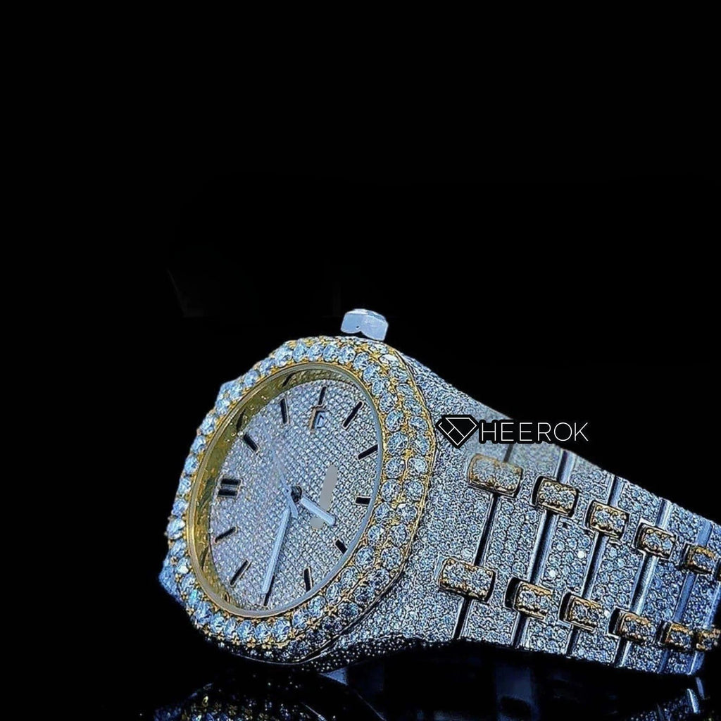 AP Royal Oak Yellow Dial Black Stick Markers Diamond Bezel Two Tone Yellow Gold Moissanite Diamond For Women