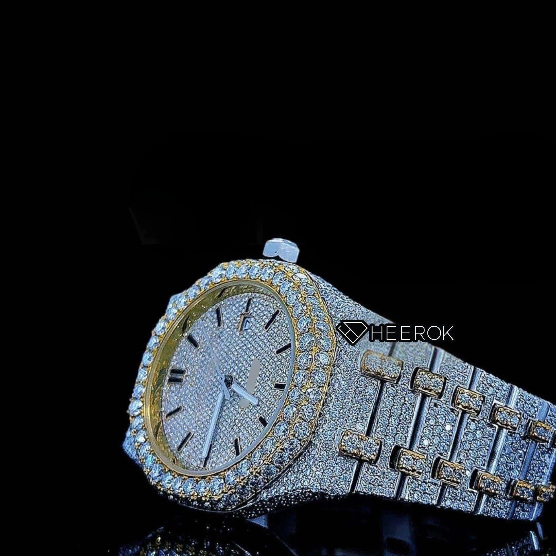 AP Royal Oak Yellow Dial Black Stick Markers Diamond Bezel Two Tone Yellow Gold Moissanite Diamond For Women