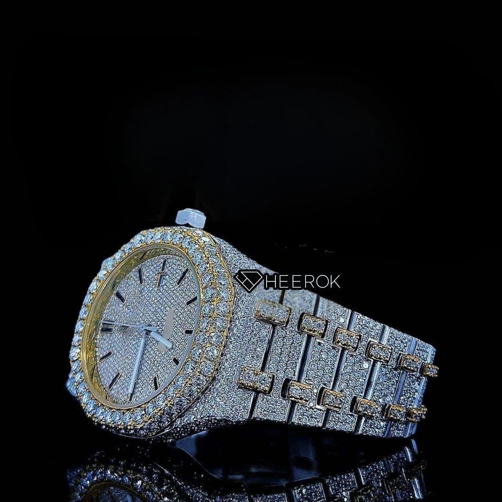AP Royal Oak Yellow Dial Black Stick Markers Diamond Bezel Two Tone Yellow Gold Moissanite Diamond