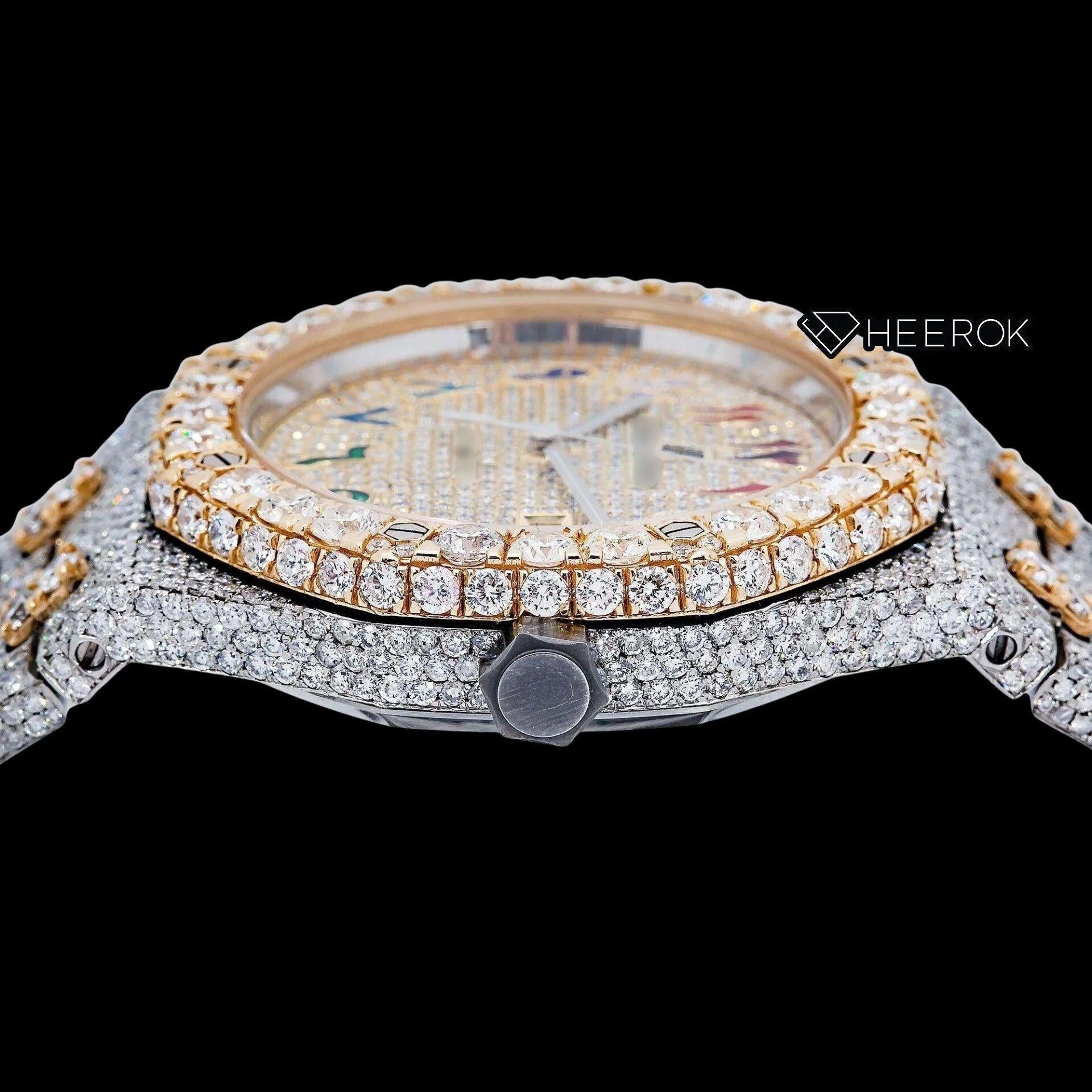 AP Royal Oak Yellow Gold Dial Multicolor Arabic Numerals Large Round Diamond Bezel Two Tone Yellow Gold Moissanite Diamond Watch