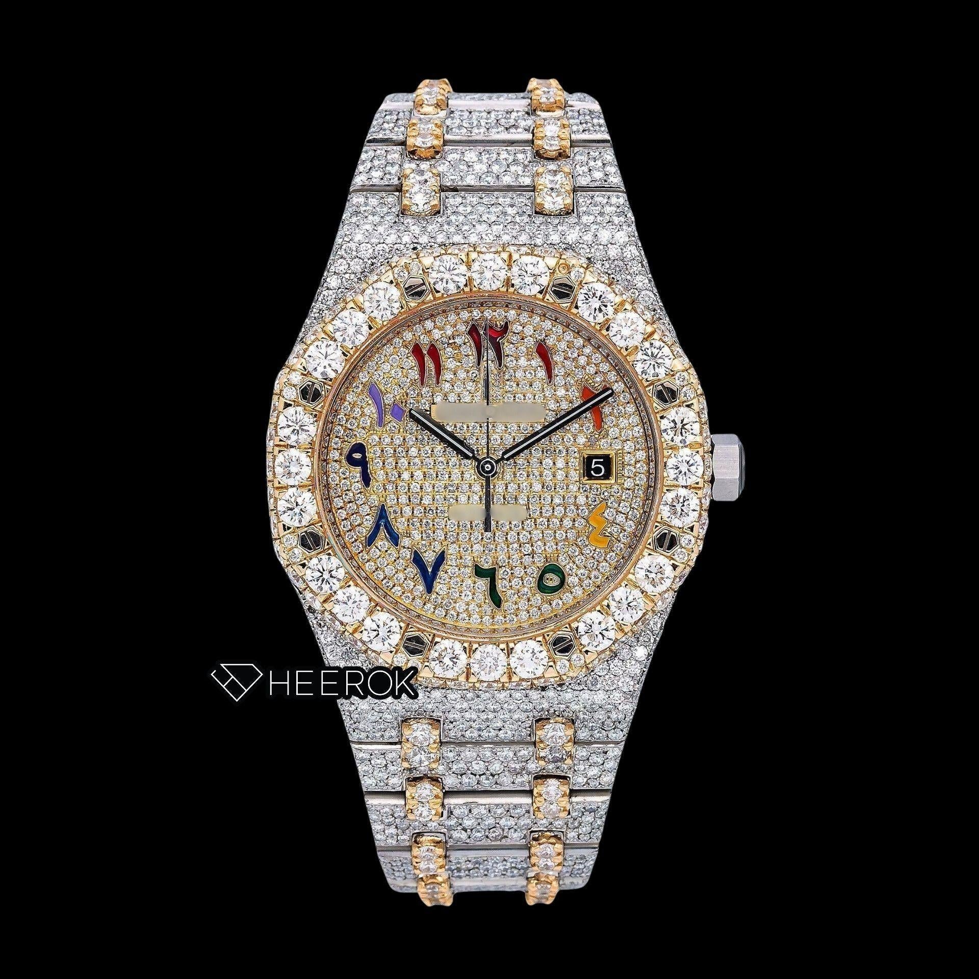 AP Royal Oak Yellow Gold Dial Multicolor Arabic Numerals Large Round Diamond Bezel Two Tone Yellow Gold Moissanite Diamond Watch