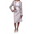 CHANEL S/S 2004 BABY BLUE AND PINK TWEED SUIT WITH FRINGE DETAIL AND PEARL BUTTONS - SIZE 38/40