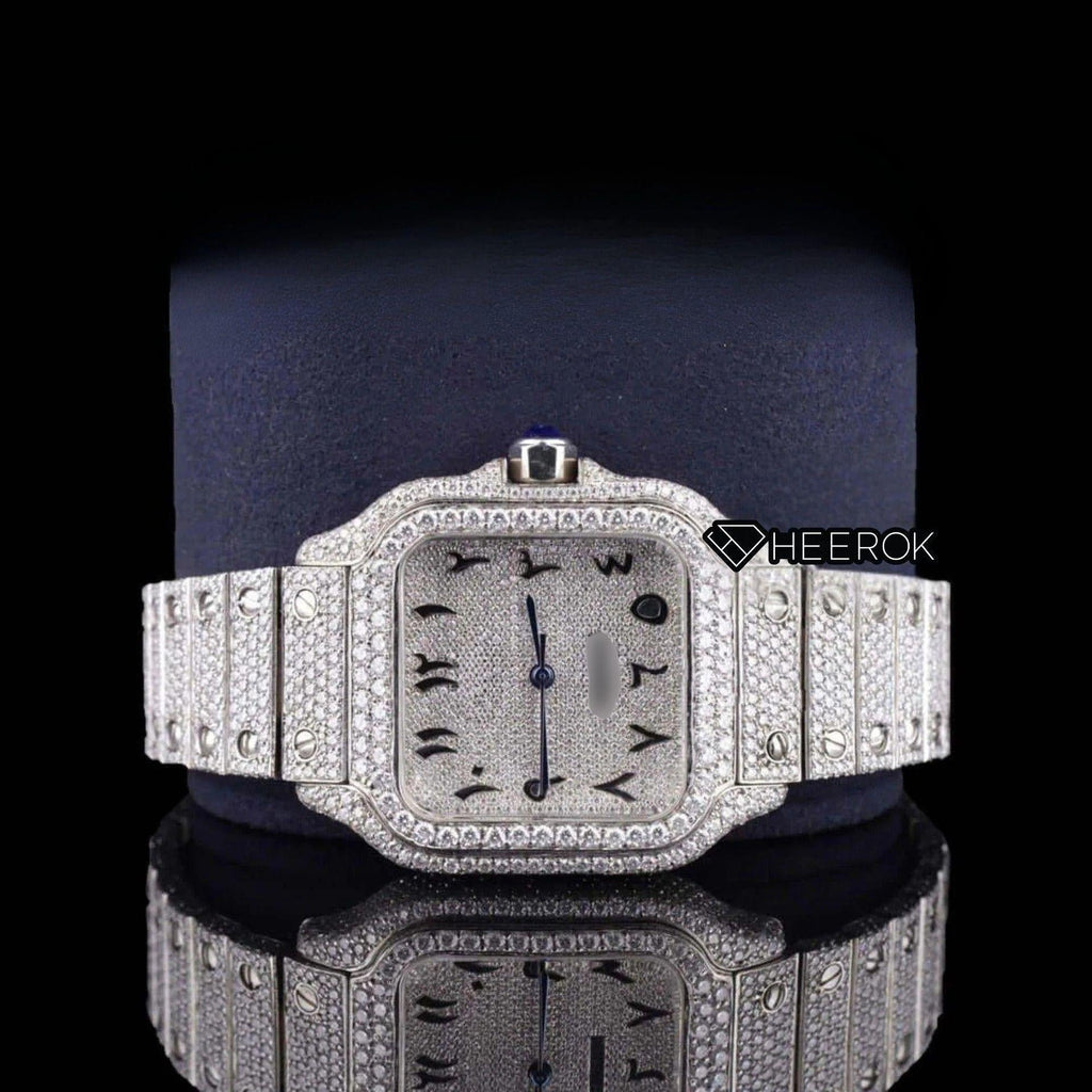 Cartier Santos Black Arabic Numerals White Dial Diamond Bezel Fully Iced Moissanite Diamond For Women