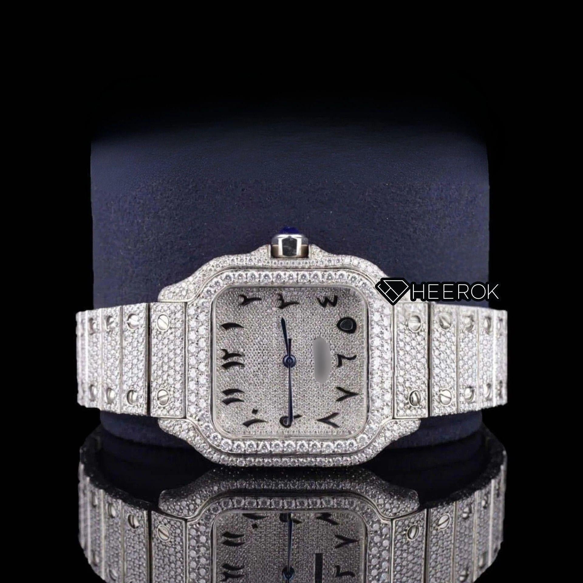 Cartier Santos Black Arabic Numerals White Dial Diamond Bezel Fully Iced Moissanite Diamond For Women