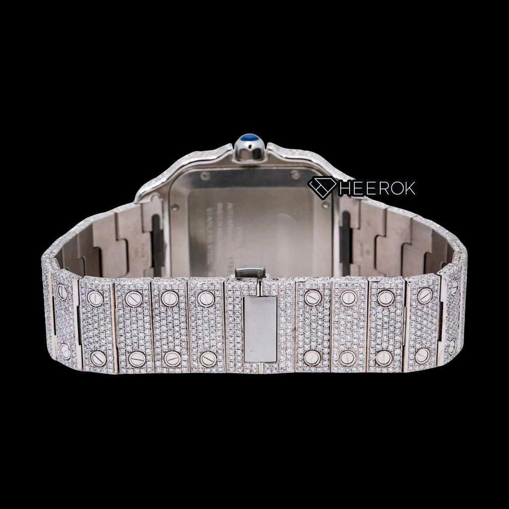 Cartier Santos Blue Dial Roman Numerals Diamond Bezel Bust Down Moissanite Diamond Watch