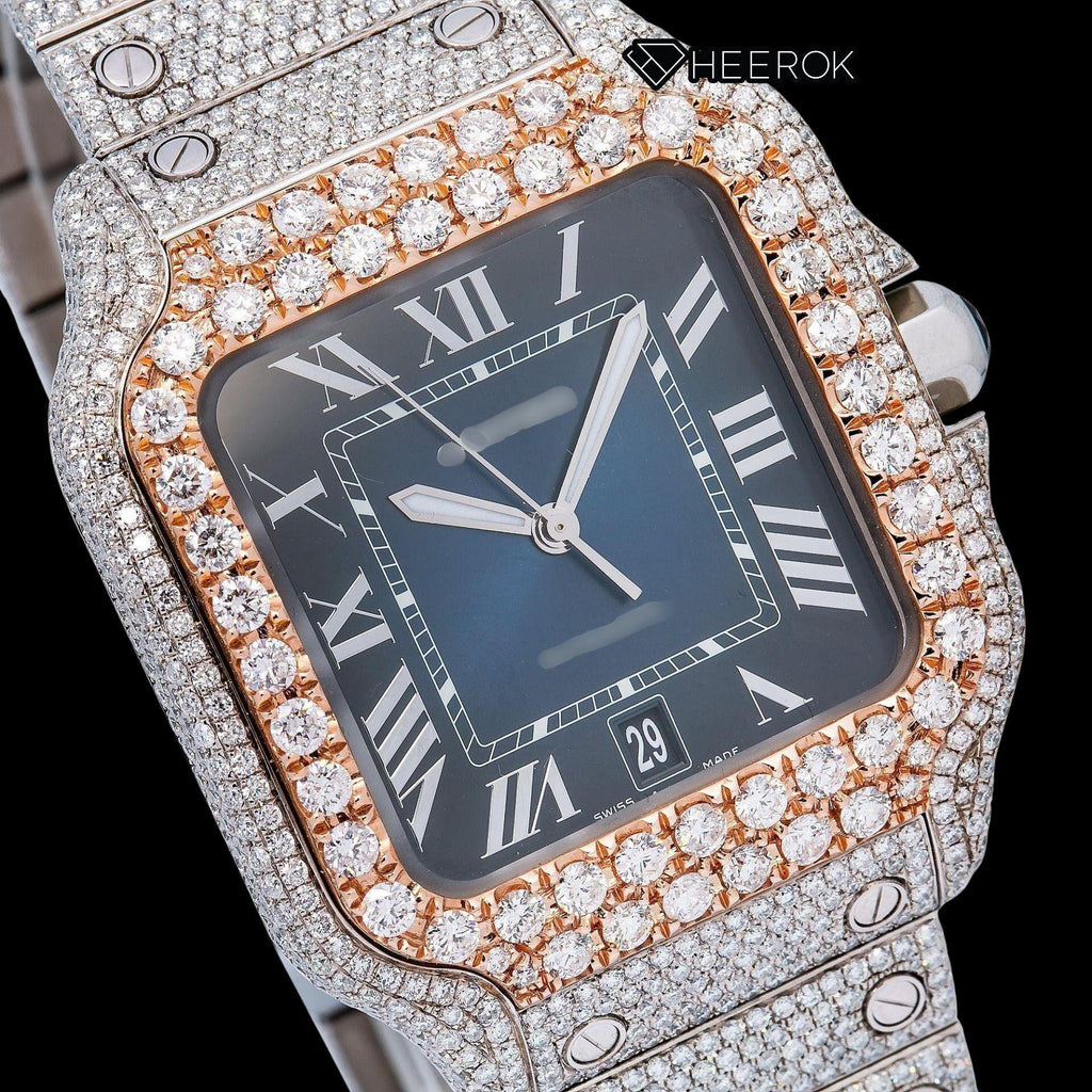 Cartier Santos Blue Dial Roman Numerals Diamond Bezel Bust Down Moissanite Diamond Watch