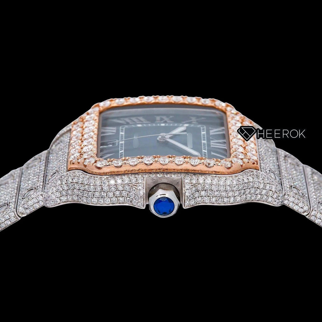 Cartier Santos Blue Dial Roman Numerals Diamond Bezel Bust Down Moissanite Diamond Watch