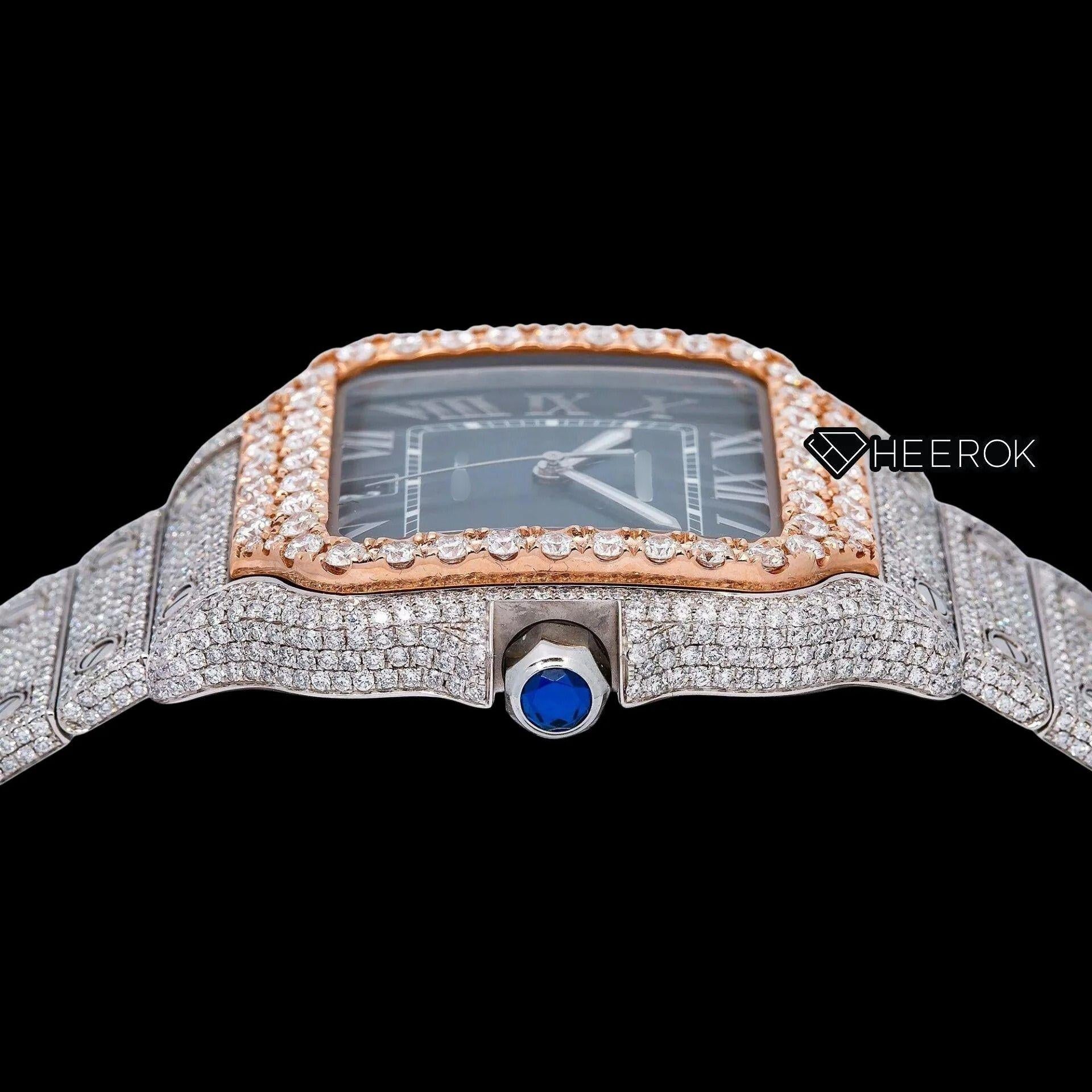 Cartier Santos Blue Dial Roman Numerals Diamond Bezel Bust Down Moissanite Diamond Watch