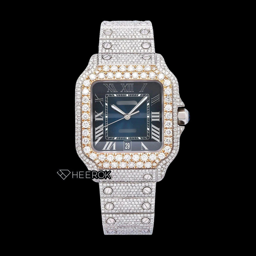 Cartier Santos Blue Dial Roman Numerals Diamond Bezel Bust Down Moissanite Diamond Watch