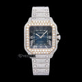 Cartier Santos Blue Dial Roman Numerals Diamond Bezel Bust Down Moissanite Diamond Watch
