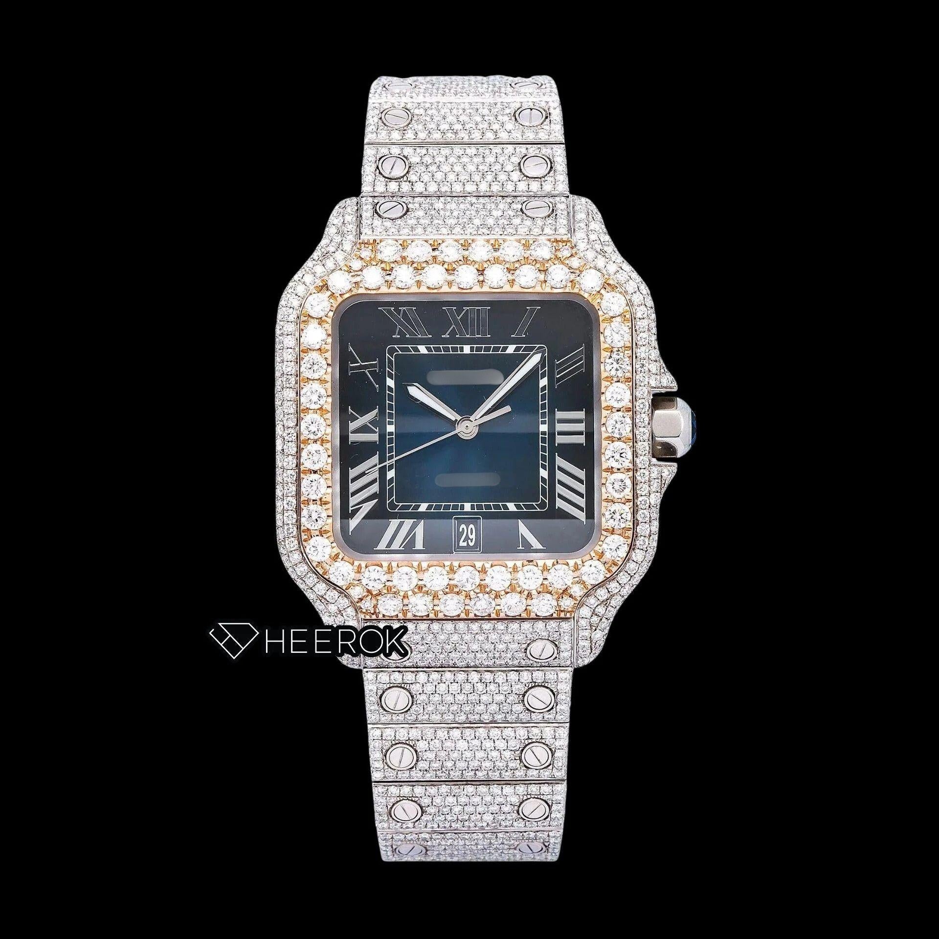 Cartier Santos Blue Dial Roman Numerals Diamond Bezel Bust Down Moissanite Diamond Watch