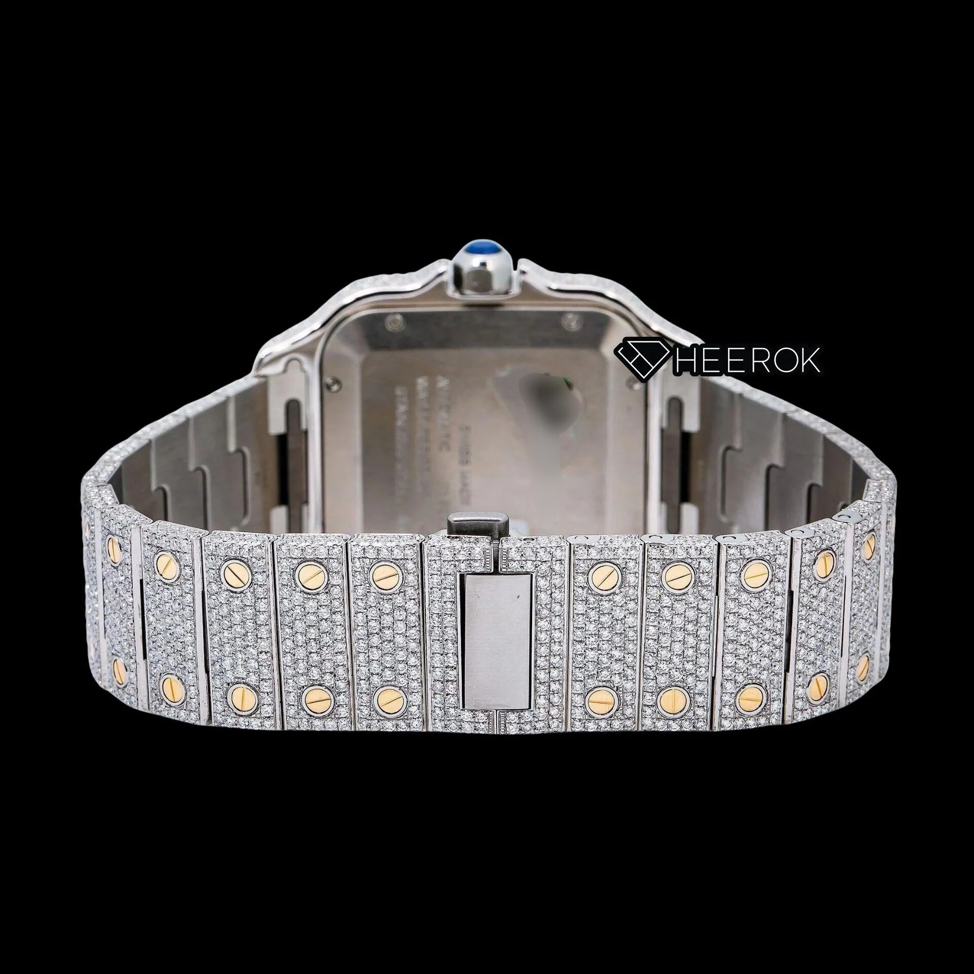 Cartier Santos Blue Dial Roman Numerals Diamond Bezel Two Tone Yellow Gold Bust Down Moissanite Diamond Watch