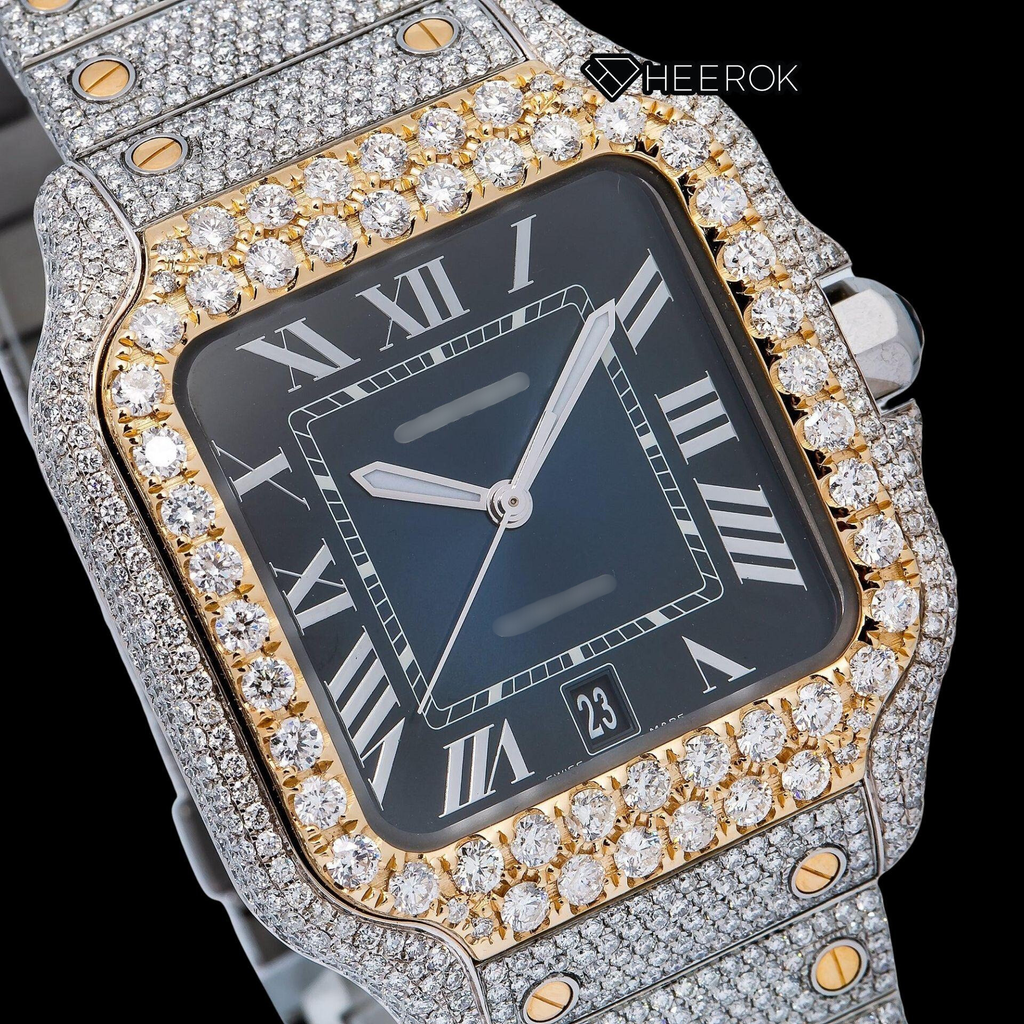 Cartier Santos Blue Dial Roman Numerals Diamond Bezel Two Tone Yellow Gold Bust Down Moissanite Diamond Watch