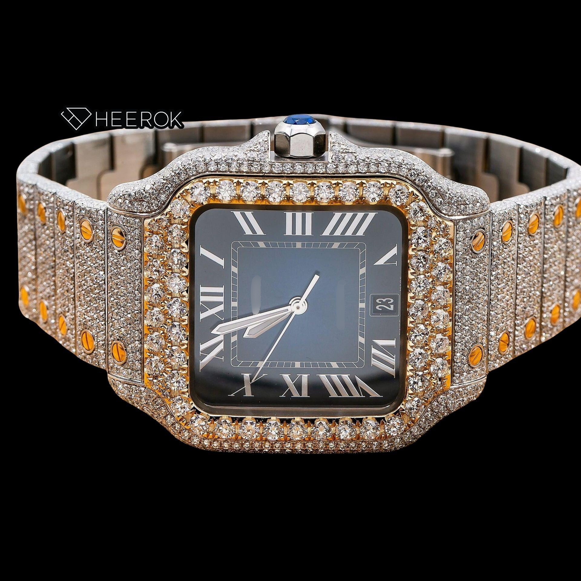 Cartier Santos Blue Dial Roman Numerals Diamond Bezel Two Tone Yellow Gold Bust Down Moissanite Diamond Watch