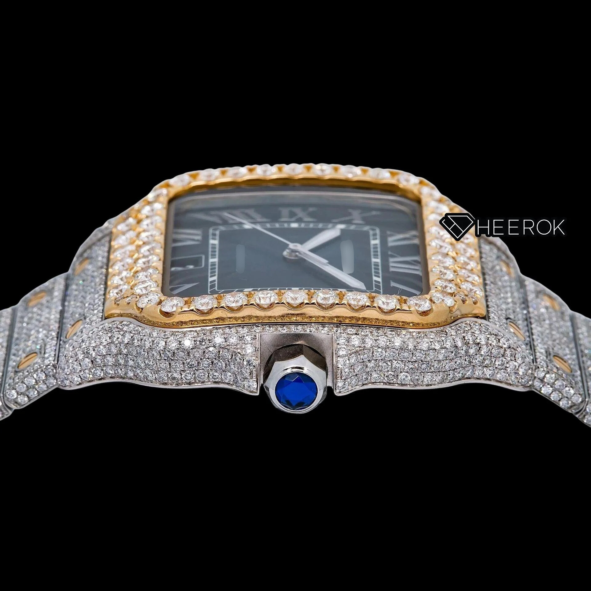 Cartier Santos Blue Dial Roman Numerals Diamond Bezel Two Tone Yellow Gold Bust Down Moissanite Diamond Watch