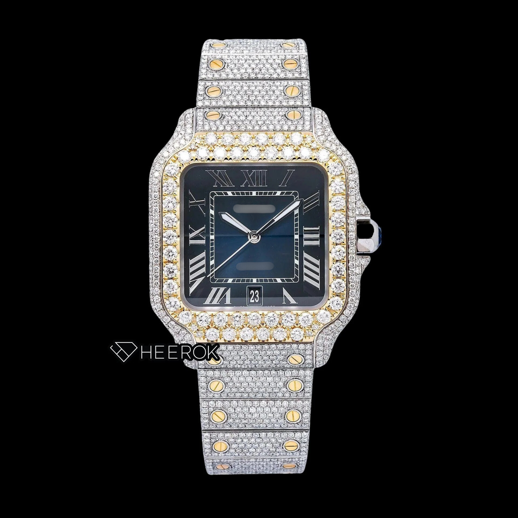 Cartier Santos Blue Dial Roman Numerals Diamond Bezel Two Tone Yellow Gold Bust Down Moissanite Diamond Watch