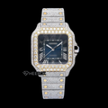 Cartier Santos Blue Dial Roman Numerals Diamond Bezel Two Tone Yellow Gold Bust Down Moissanite Diamond Watch