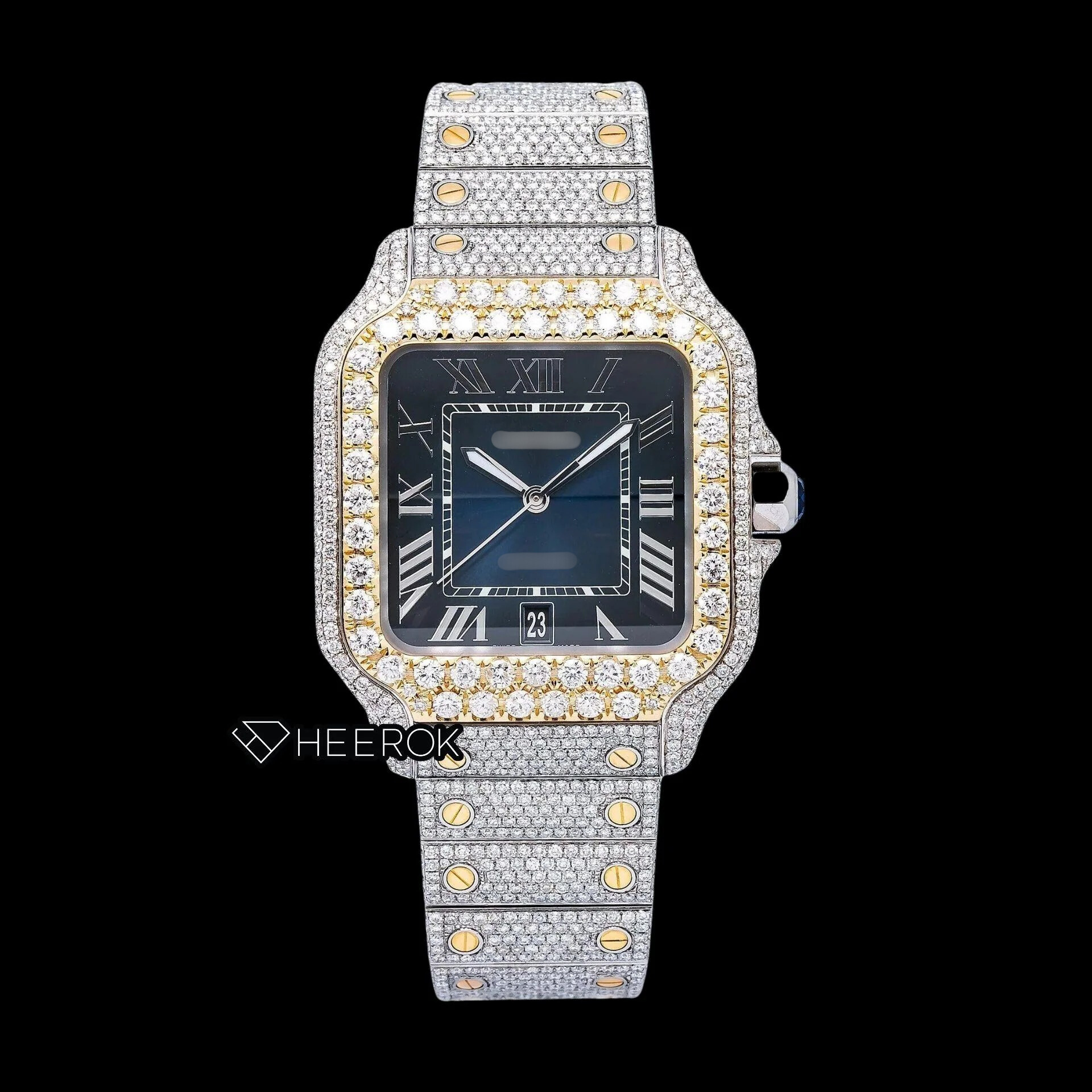 Cartier Santos Blue Dial Roman Numerals Diamond Bezel Two Tone Yellow Gold Bust Down Moissanite Diamond Watch