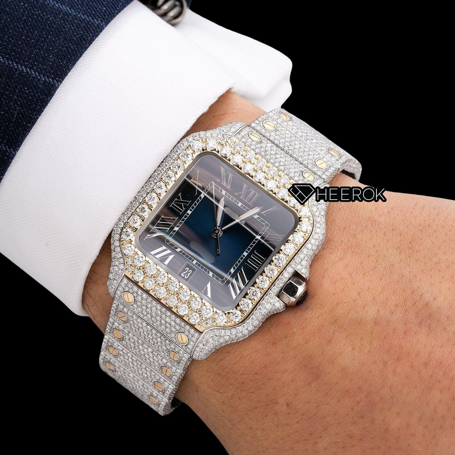 Cartier Santos Blue Dial Roman Numerals Diamond Bezel Two Tone Yellow Gold Bust Down Moissanite Diamond Watch