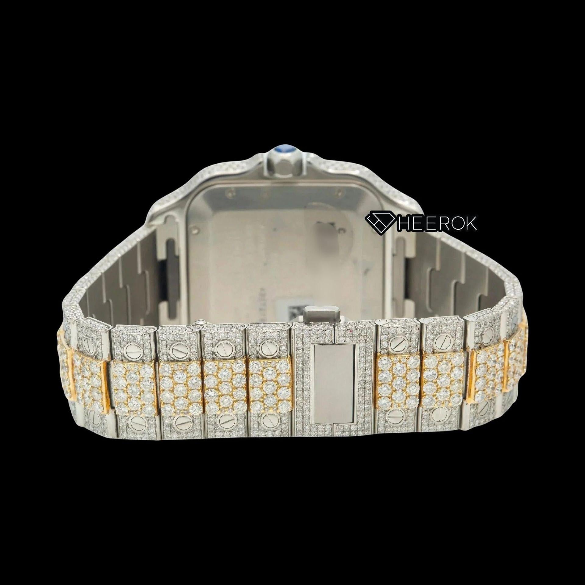 Cartier Santos Full Pave Yellow Gold Dial Red Roman Numerals Diamond Bezel Two Tone Yellow Gold Moissanite Diamond Watch