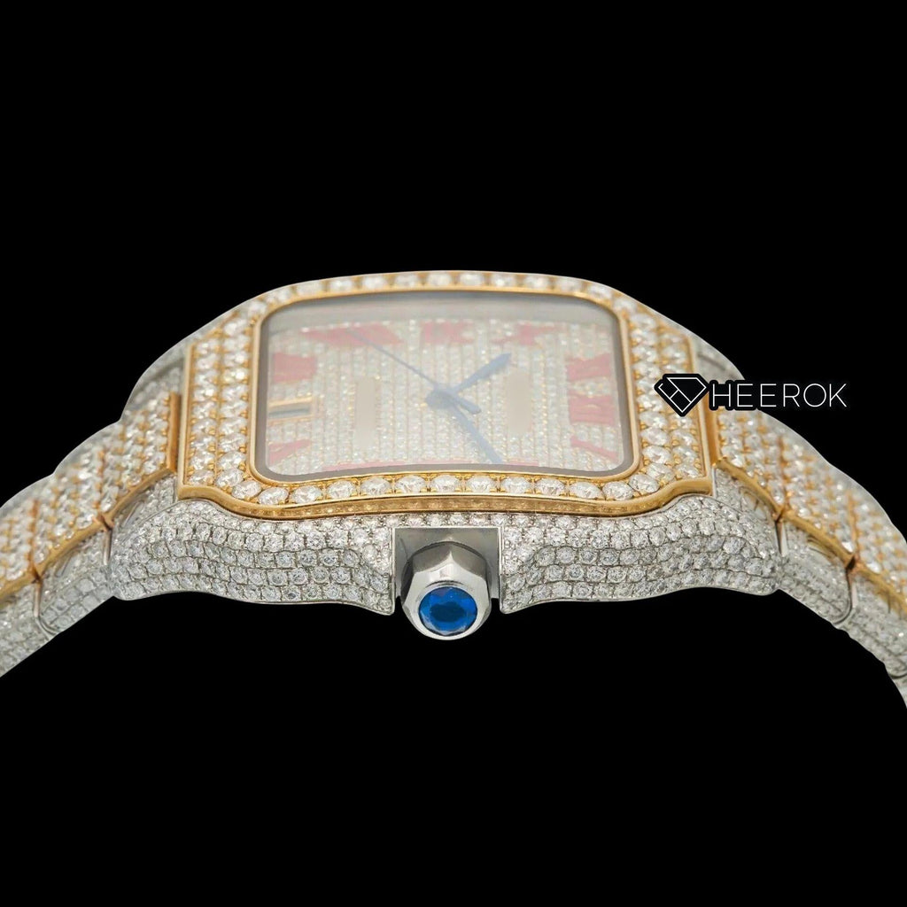 Cartier Santos Full Pave Yellow Gold Dial Red Roman Numerals Diamond Bezel Two Tone Yellow Gold Moissanite Diamond Watch