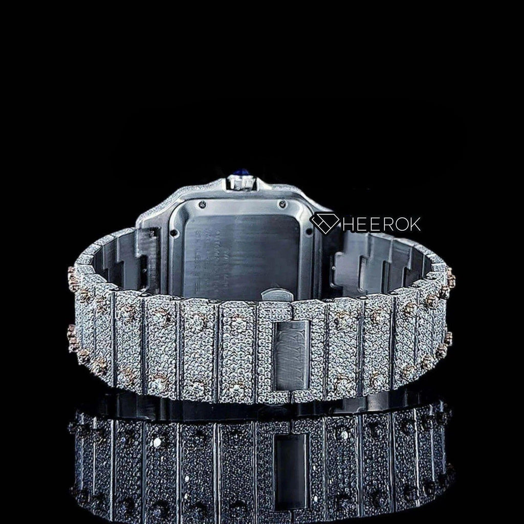 Cartier Santos Rose Gold Dial Black Roman Numerals Diamond Bezel Two Tone Fully Iced Moissanite Diamond
